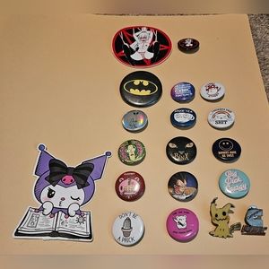 Lot of 2 Stickers and 17 Pins of Various Popular Culture Subject Matter